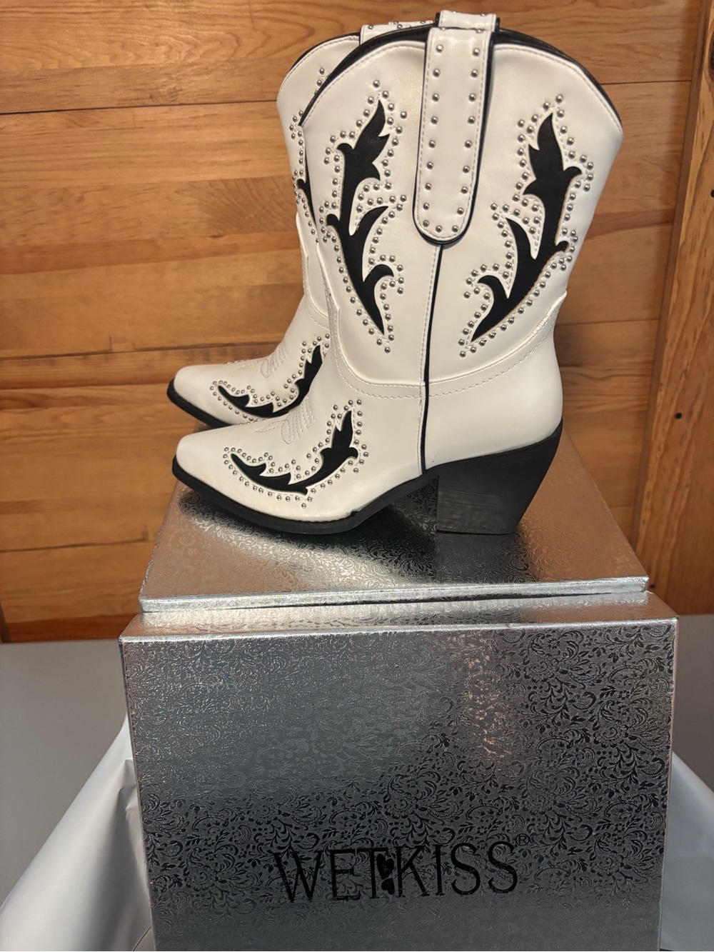 Kiss White Western Ankle Boots with Black Accents